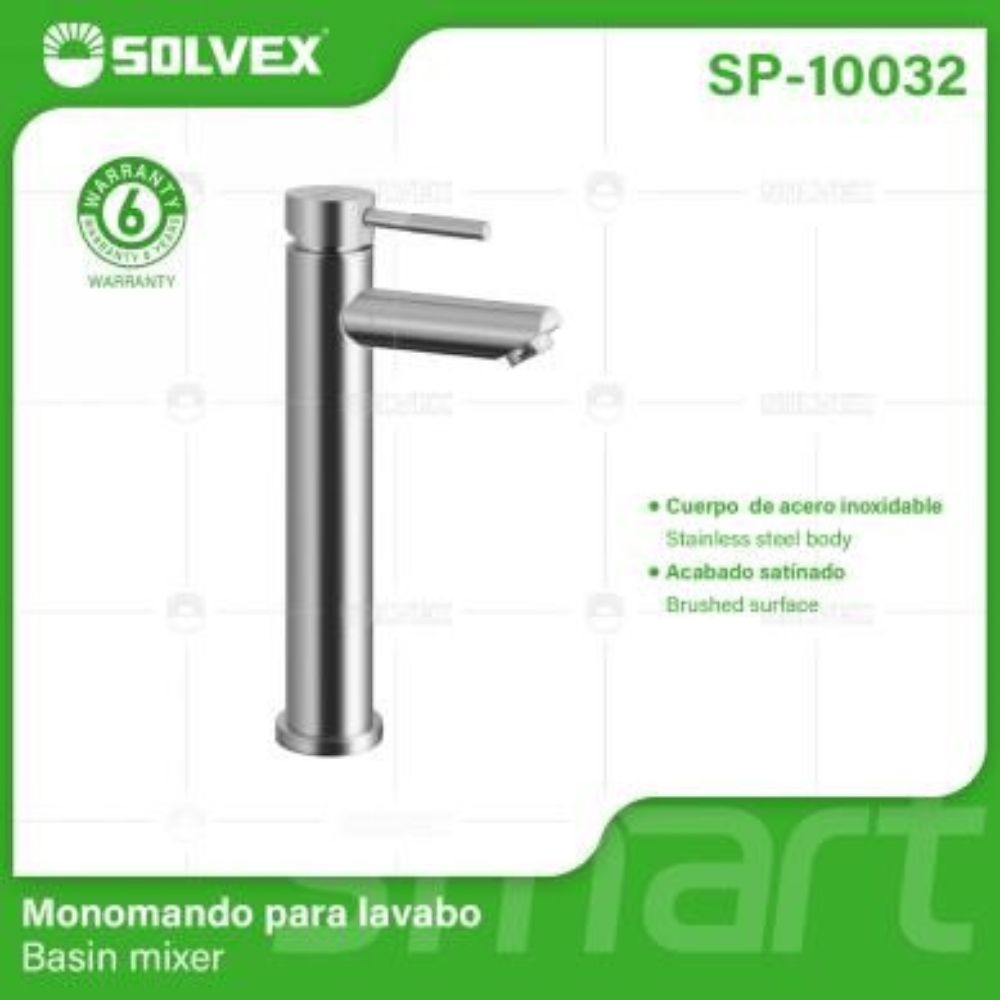 Solvex Smart Grifería Satinada Monomando Cuerpo Alto Para Lavamanos de Sobreponer 30cm,