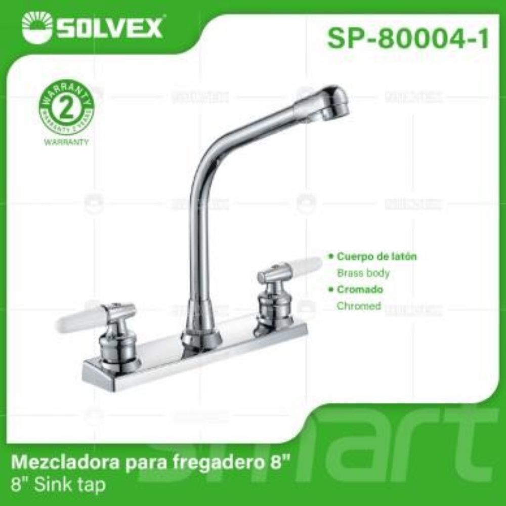 Solvex Smart Grifo Cromado Para Fregadero De Latón de 8" Manijas 1/4 De Vuelta De Plástico