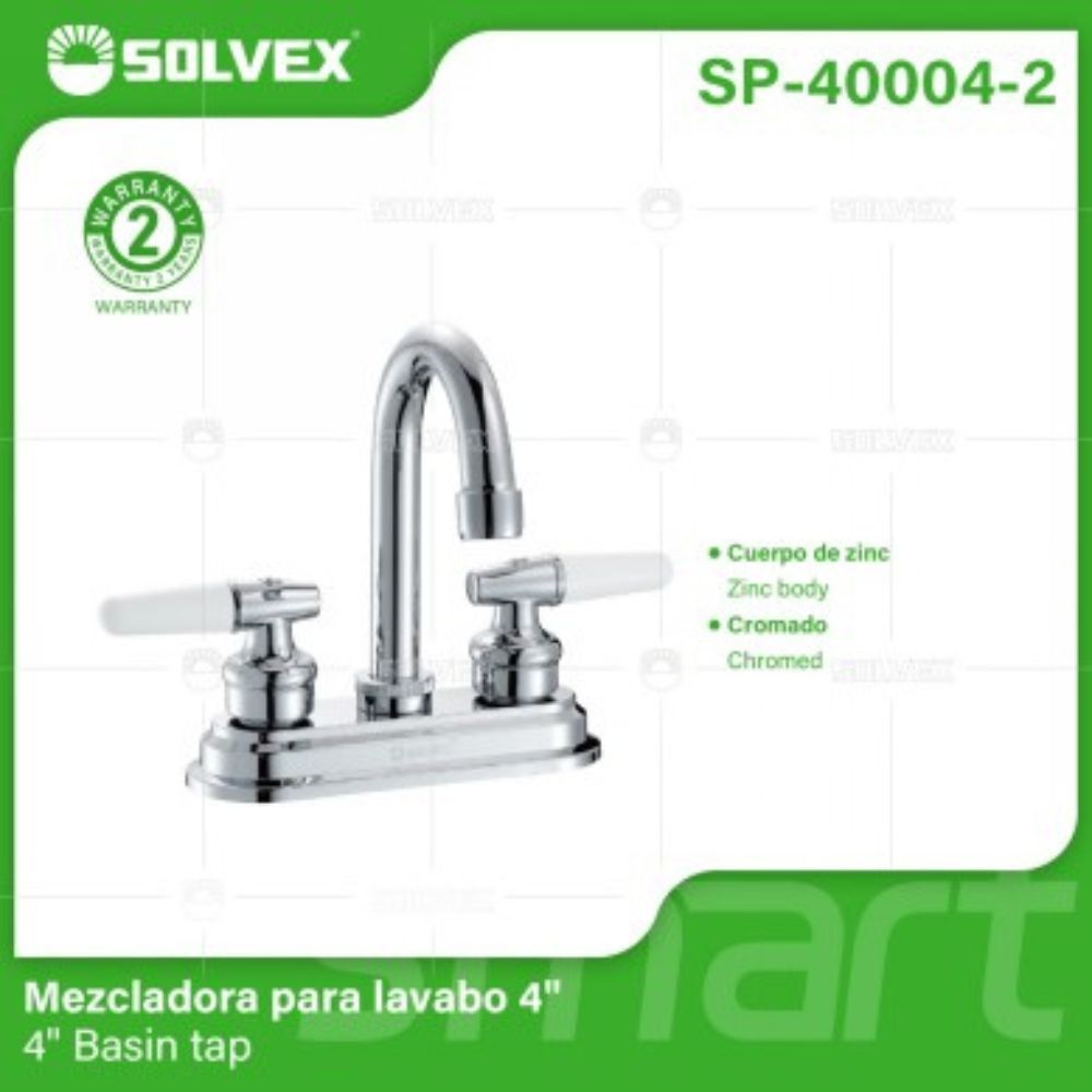 Solvex Smart Grifo Cromado Para Lavamanos De Acero Inoxidable De 4" Manijas De Plástico de 1/4 De Vuelta