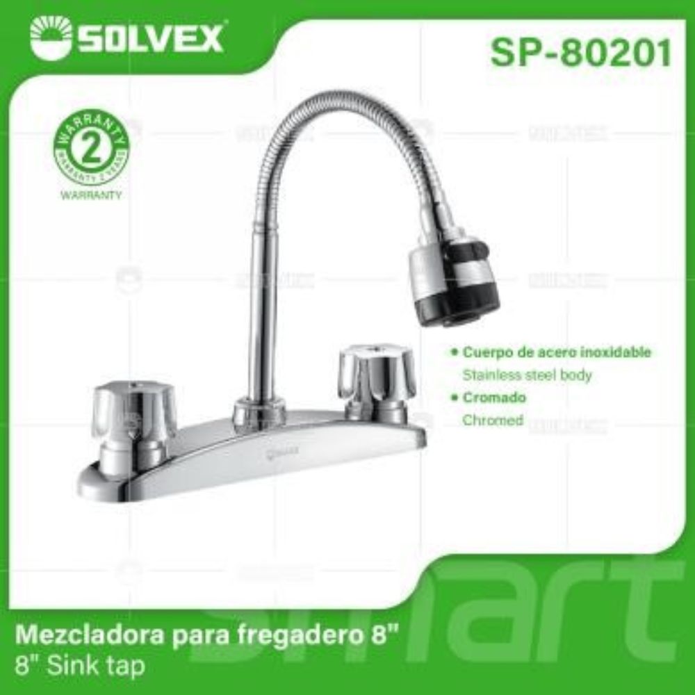 Solvex Smart Grifo Cromado Para Fregadero De Acero Inoxidable Cuello Flexible De 8" 2 Funciones