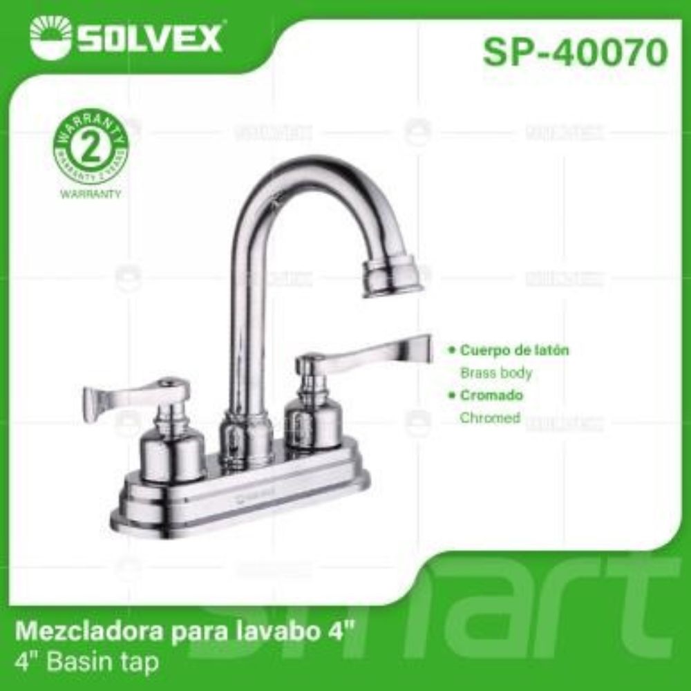 Solvex Grifo Cromado Para Lavamanos De Latón De 4" Manijas 1/4 De Vuelta De Zinc