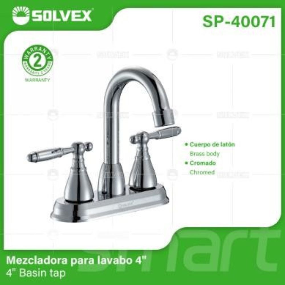 Solvex Grifo Cromado Para Lavamanos De Latón De 4" Manijas Tipo Palanca 1/4 De Vuelta De Zinc