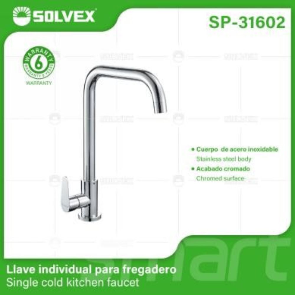 Solvex Smart Llave Cromada Individual De Acero Inoxidable Para fregadero Cuello Cuadrado