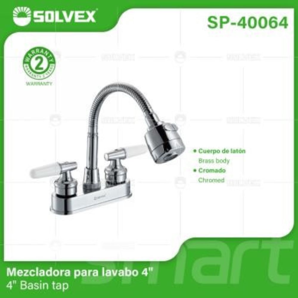 Solvex Grifo Cromado Para Lavamanos 2 funciones De 4" Manijas 1/4 De Vuelta De Plástico