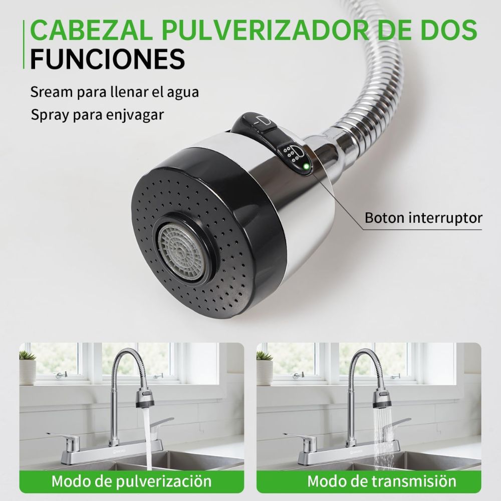 Solvex Grifo Cromado Para Fregadero De Latón De 8" Cuello Flexible 2 Funciones Manijas Estilo Palanca 1/4 De Vuelta De Zinc