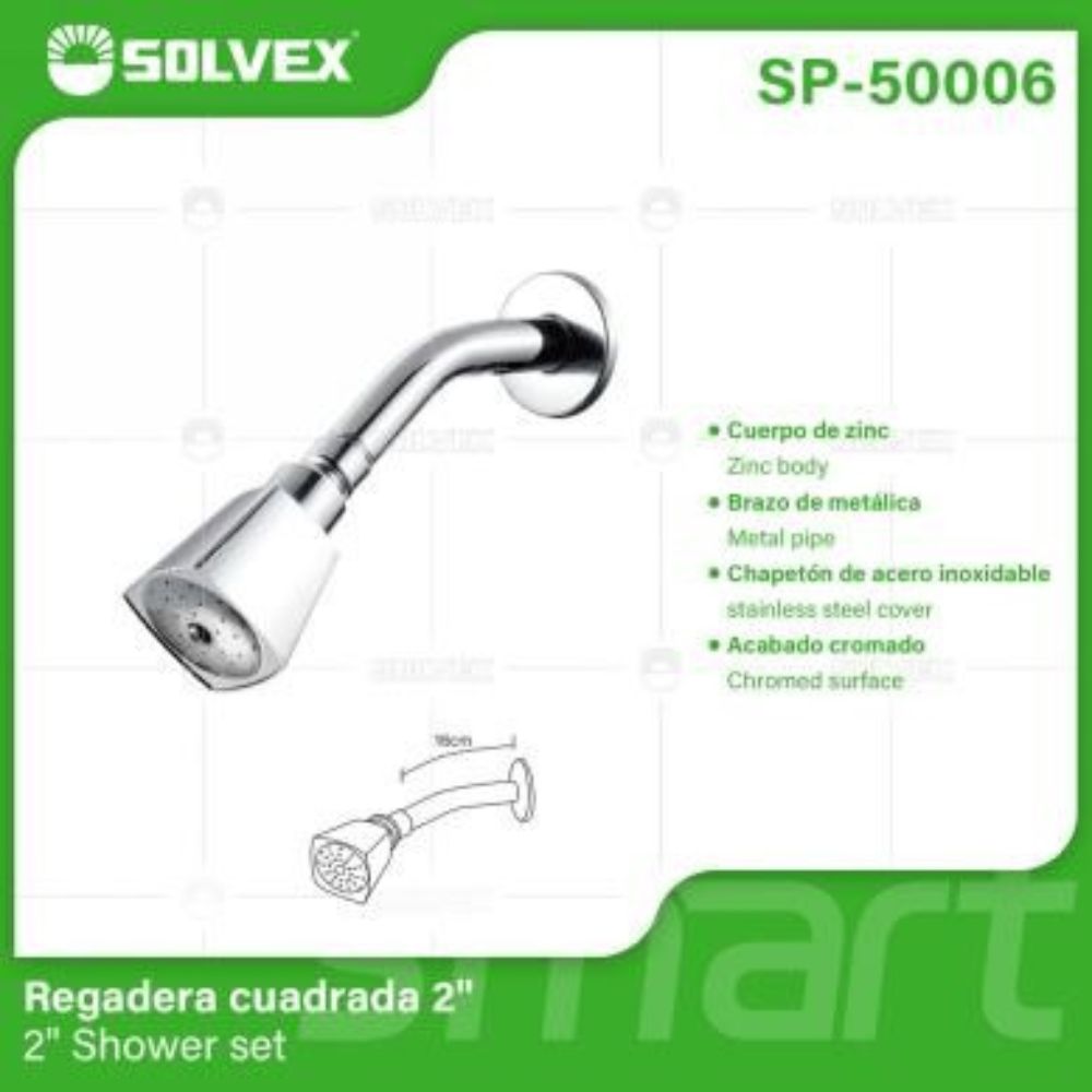 Solvex Smart Juego De Ducha Cromada De Zinc Cabezal Cuadrado 2" Brazo de metal 16 Cm