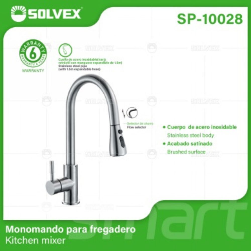 Solvex Smart Grifería Satinada Monomando Para Fregadero Cuello Cisne Nariz Retráctil  2 Funciones Con Manguera Extensible De 1,5m