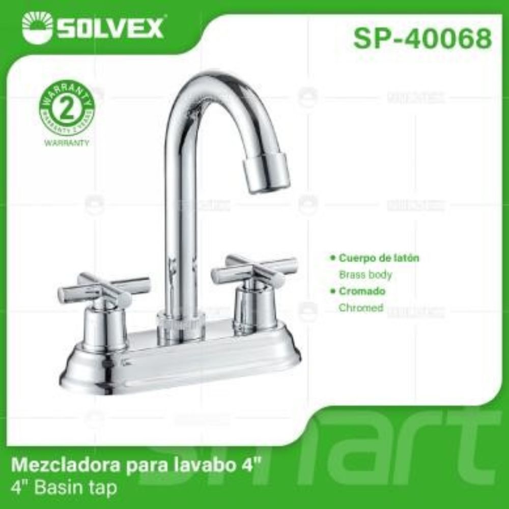 Solvex Grifo Cromado Para Lavamanos De Latón De 4" Manijas Cruz Giro Completo De Zinc