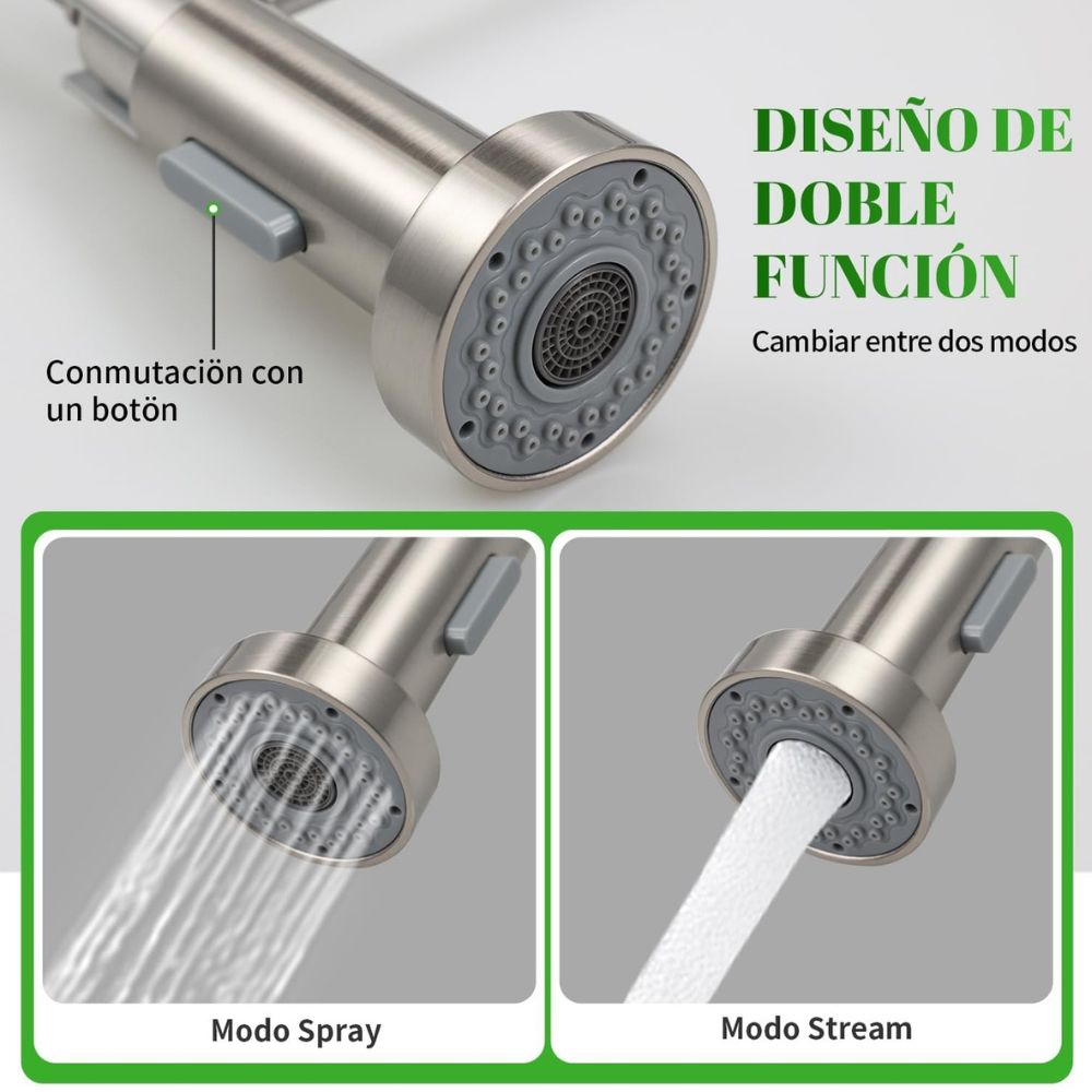 Solvex Smart Grifería Satinada Monomando Para Fregadero Rociador Extraíble Con Manguera Extensible de 1,5m Doble Función