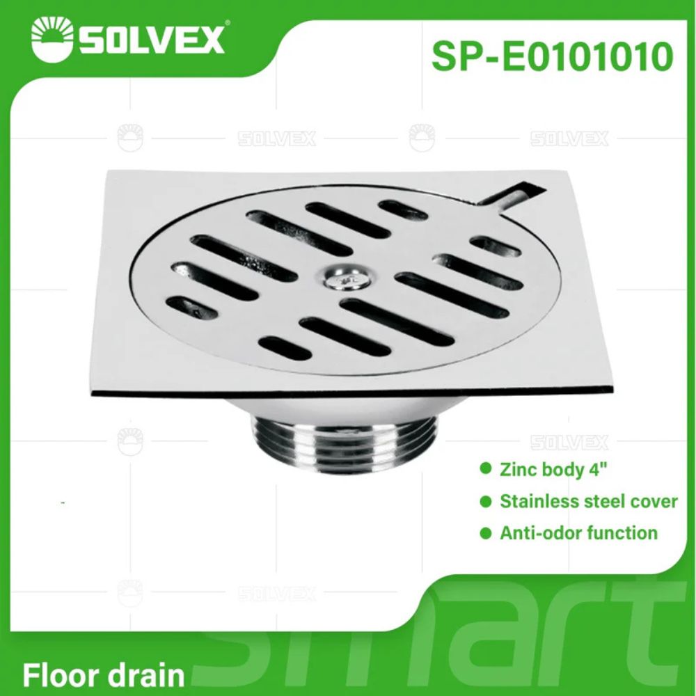 Solvex Smart Desagüe Cromado Para Piso En Zinc Antiolor Rejilla Redonda Sobre Base Cuadrada De 4"