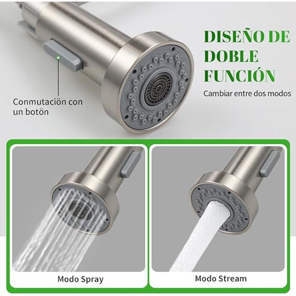 Solvex Smart Grifería Satinada Monomando Para Fregadero Con Rociador Extraible Doble Función Con Flange Acero Inoxidable de 10"