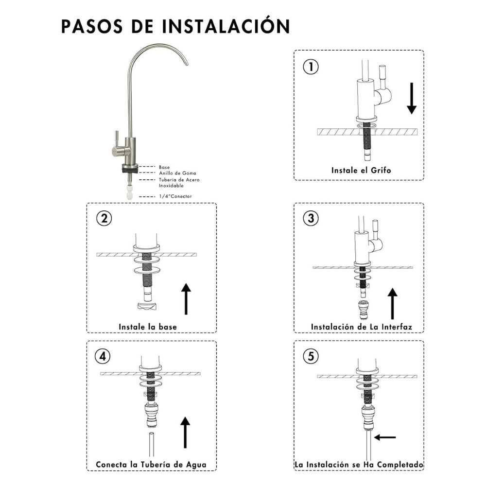 Solvex Smart Grifo Satinado Para Filtro De Agua De Cocina 1/4"x1/4" y Adaptador De 1/4"x1/2"
