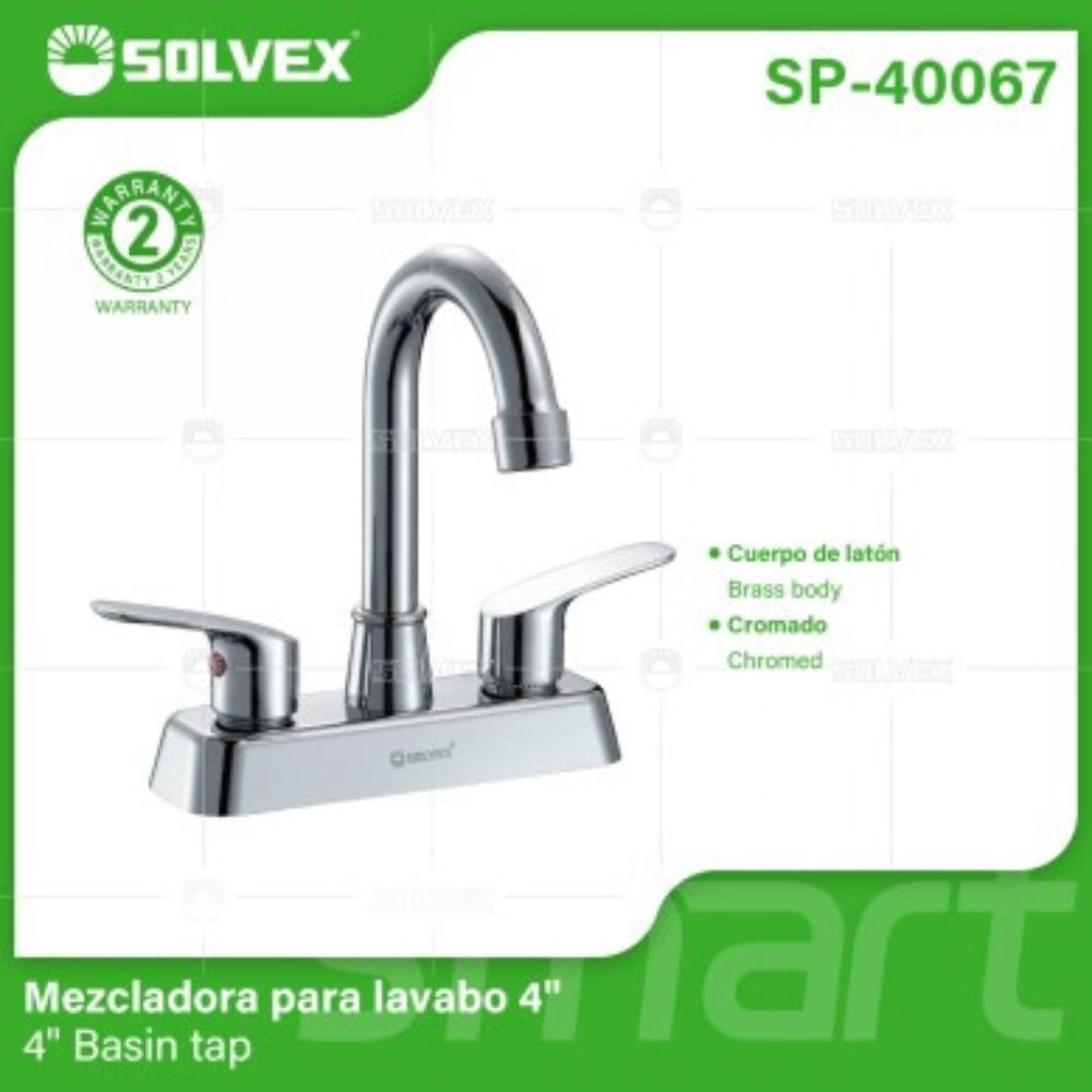Solvex Grifo Cromado Para Lavamanos De Latón De 4" Manijas 1/4 De Vuelta De Zinc