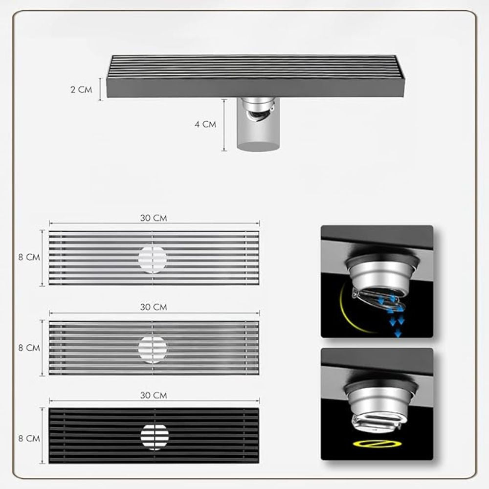 Solvex Smart Desagüe Cromado Para Piso En Acero Inoxidable Antiolor Rectangular De 8x30cm