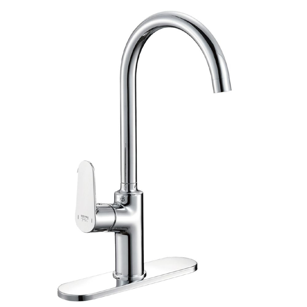 Solvex Plus Grifería Cromada Monomando Cuello Cisne Con Flange De Acero Inoxidable Para Fregadero De 10" 40 Cm