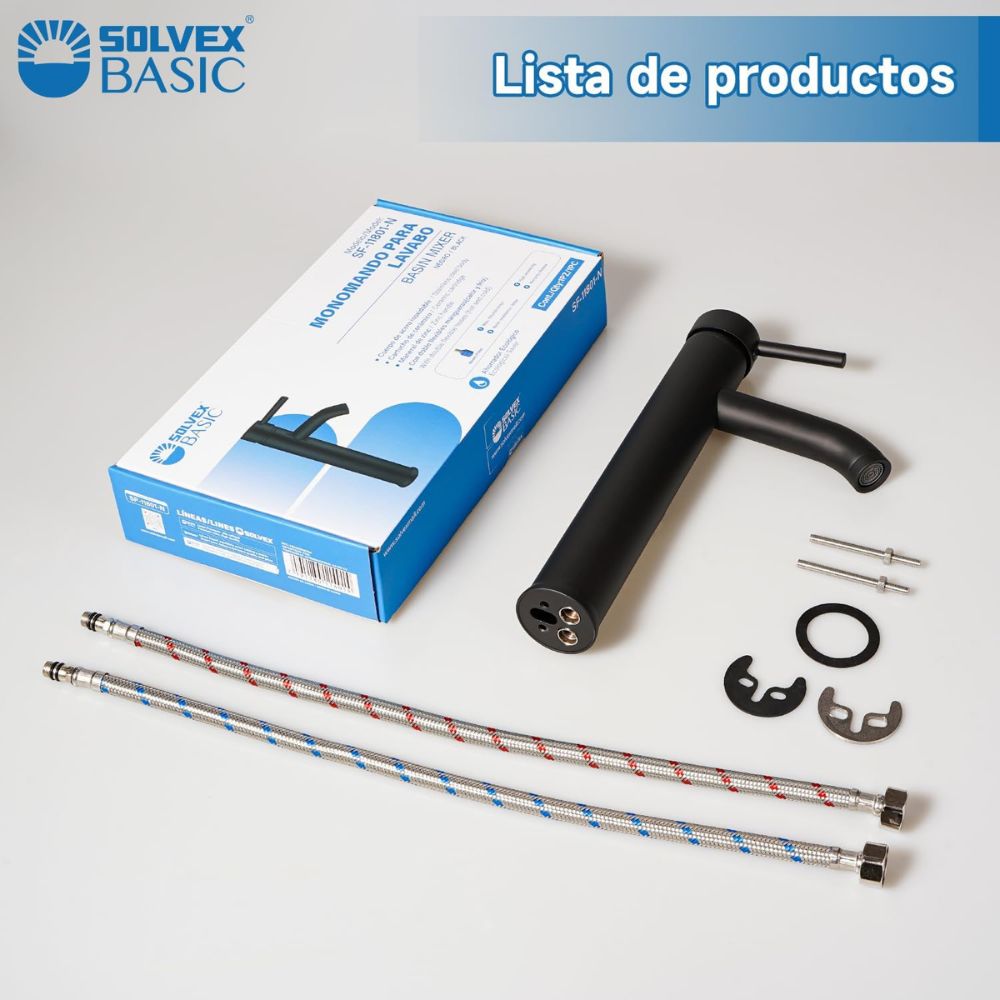Solvex Basic Grifería Negra Monomando De Acero Inoxidable Para Lavamanos Mango Tipo Palanca De Zinc 29Cm