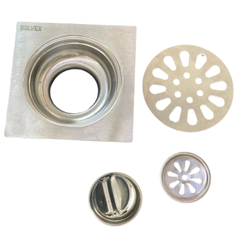 Solvex Smart Desagüe Satinado Para Piso En Acero Inoxidable Rejilla Redonda Sobre Base Cuadrada De 10x10cm