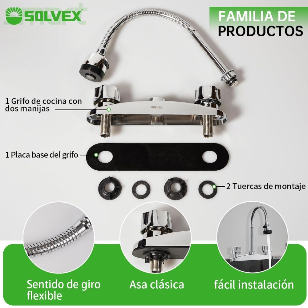 Solvex Smart Grifo Cromado Para Fregadero De Acero Inoxidable Cuello Flexible De 8" 2 Funciones
