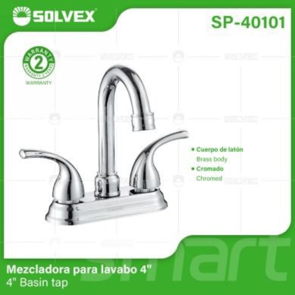 Solvex Grifo Cromado Para Lavamanos De Latón De 4" Manijas Cilíndricas 1/4 De Vuelta De Zinc
