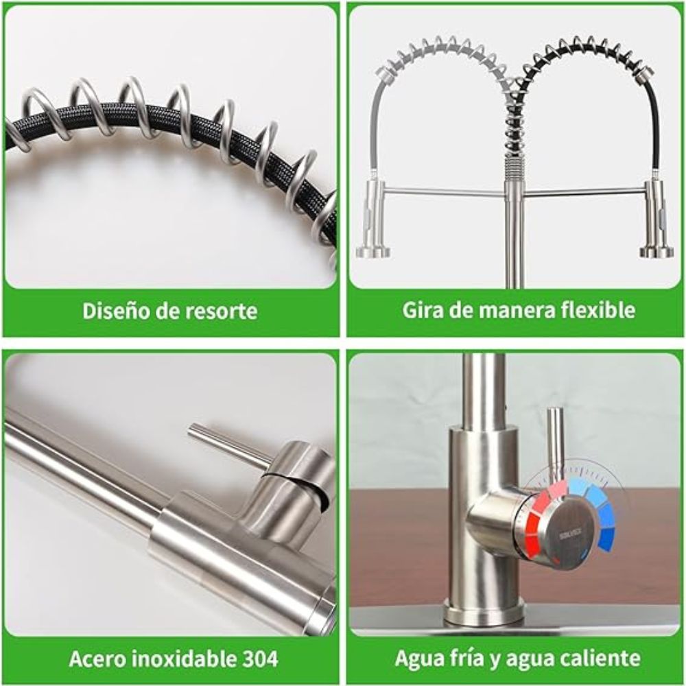 Solvex Smart Grifería Satinada Monomando Para Fregadero Con Rociador Extraible Doble Función Con Flange Acero Inoxidable de 10"