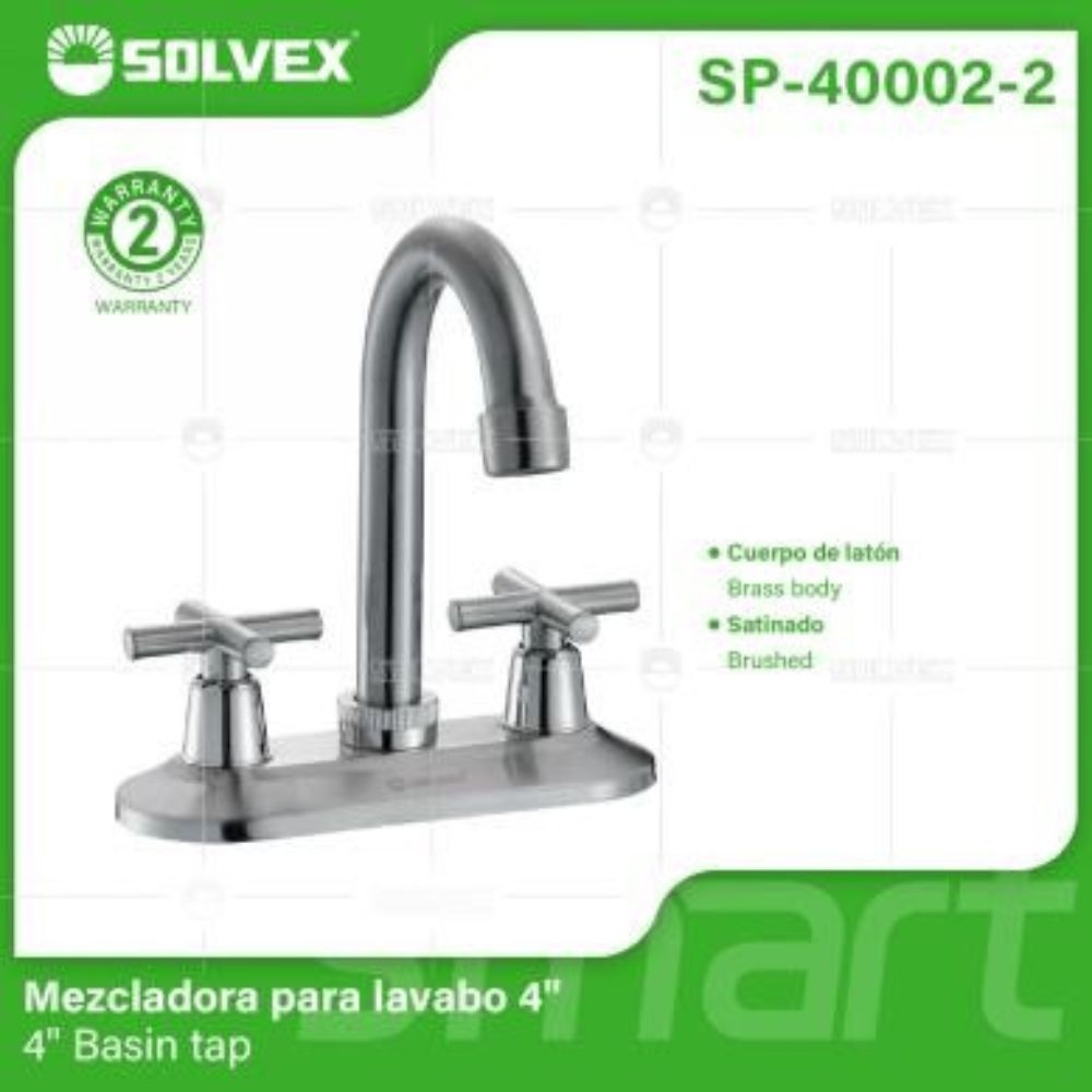 Solvex Smart Grifo Satinado Para Lavamanos Cuello Cisne De 4" Manillas Zinc De Giro Completo