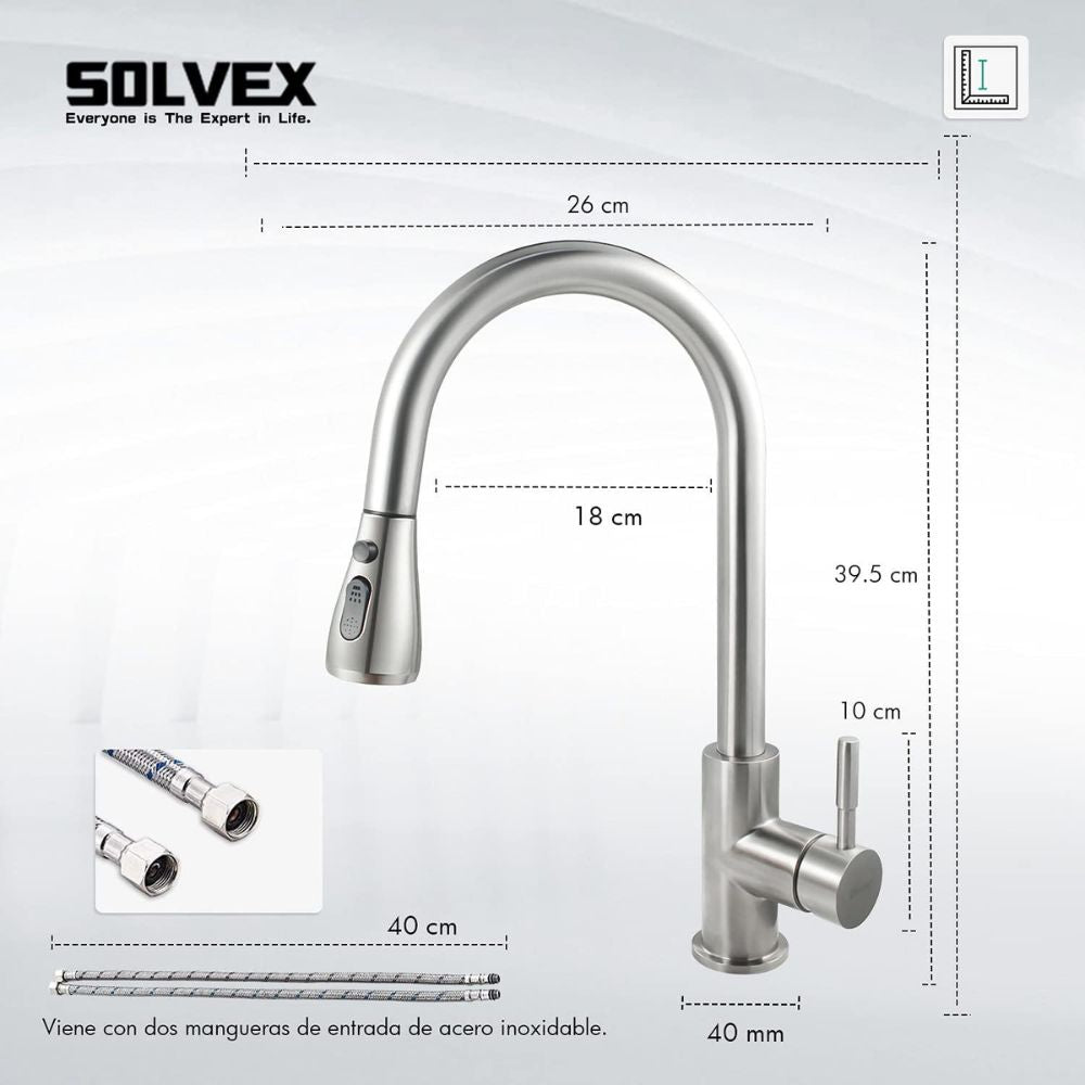 Solvex Smart Grifería Satinada Monomando Para Fregadero Cuello Cisne Nariz Retráctil  2 Funciones Con Manguera Extensible De 1,5m