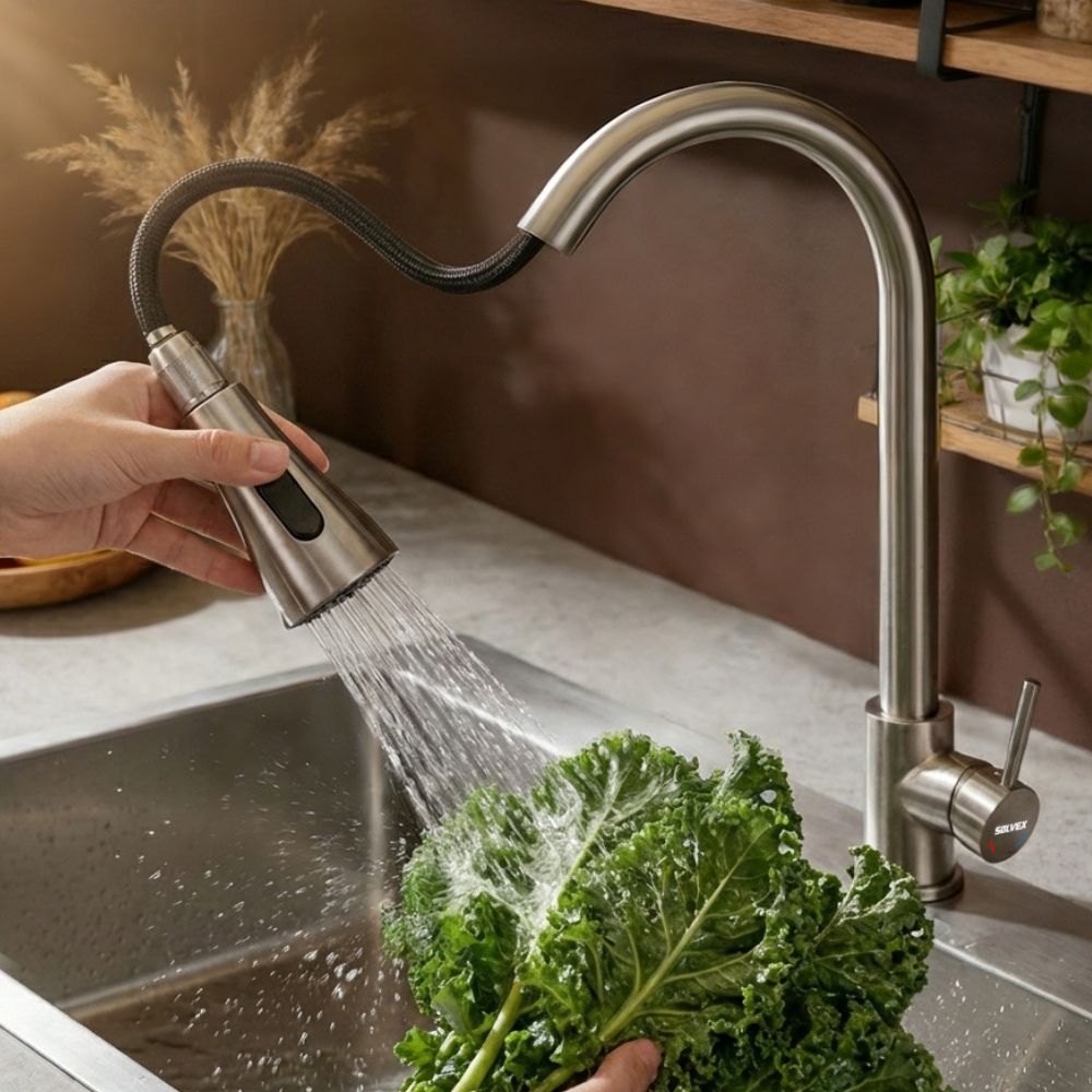 Solvex Smart Grifería Satinada Monomando Para Fregadero Cuello Cisne Nariz Retráctil  2 Funciones Con Manguera Extensible De 1,5m