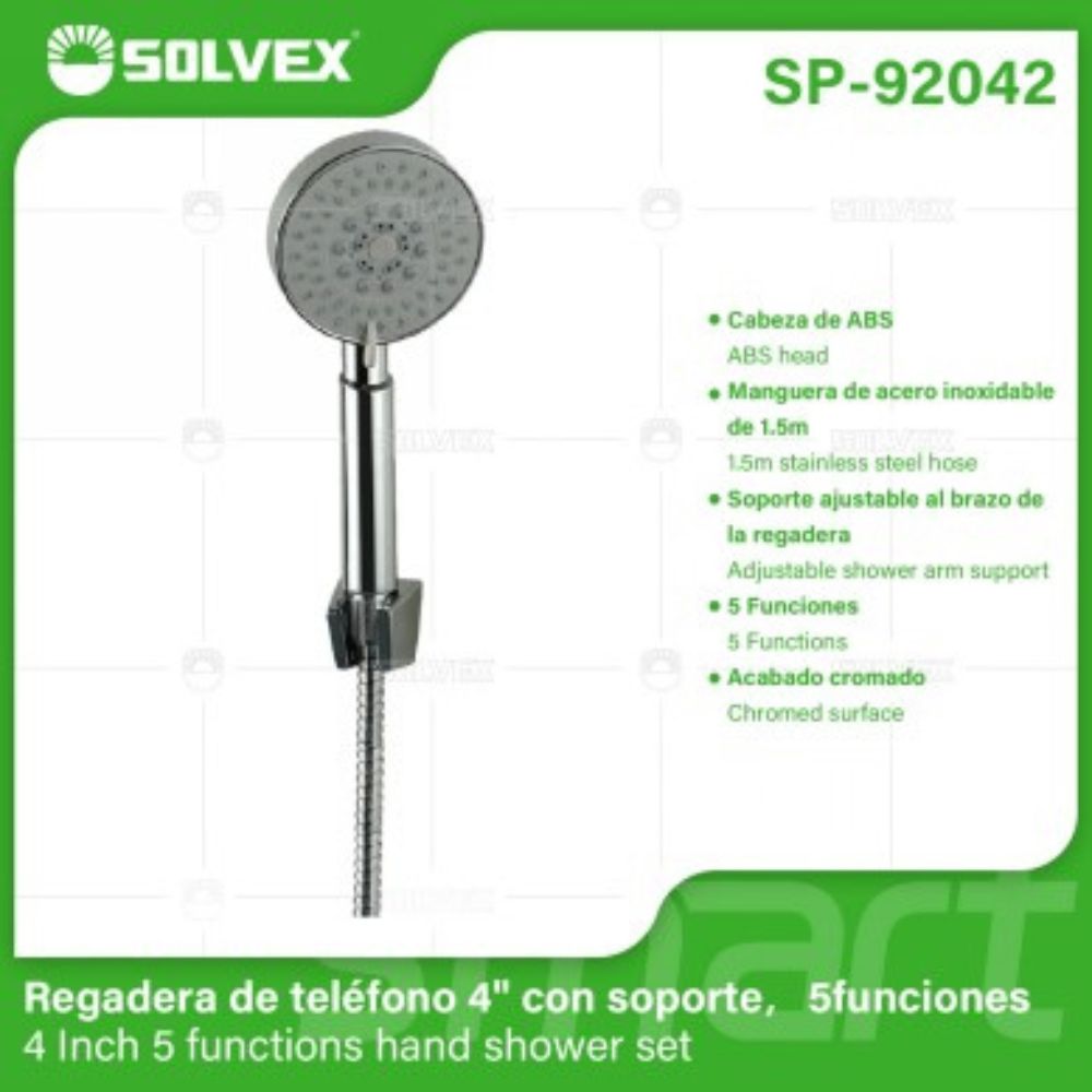Solvex Smart Ducha Teléfono Cromada Con Soporte Ajustable De 4" 5 Funciones Manguera De 1,5m
