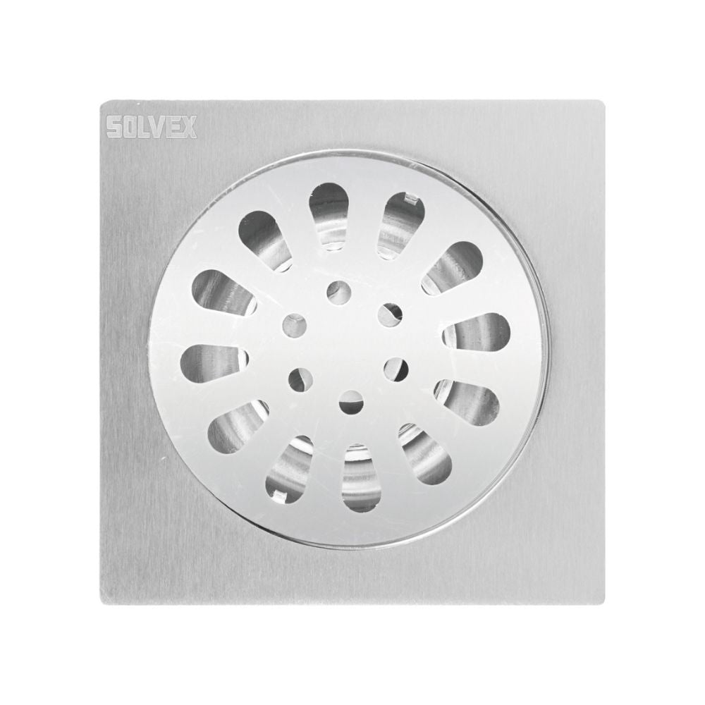 Solvex Smart Desagüe Satinado Para Piso En Acero Inoxidable Rejilla Redonda Sobre Base Cuadrada De 10x10cm