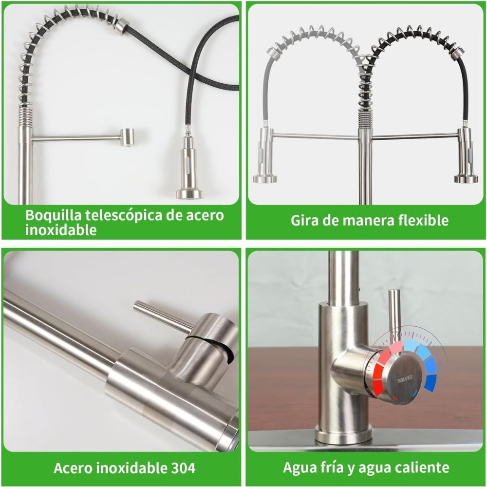 Solvex Smart Grifería Satinada Monomando Para Fregadero Rociador Extraíble Con Manguera Extensible de 1,5m Doble Función