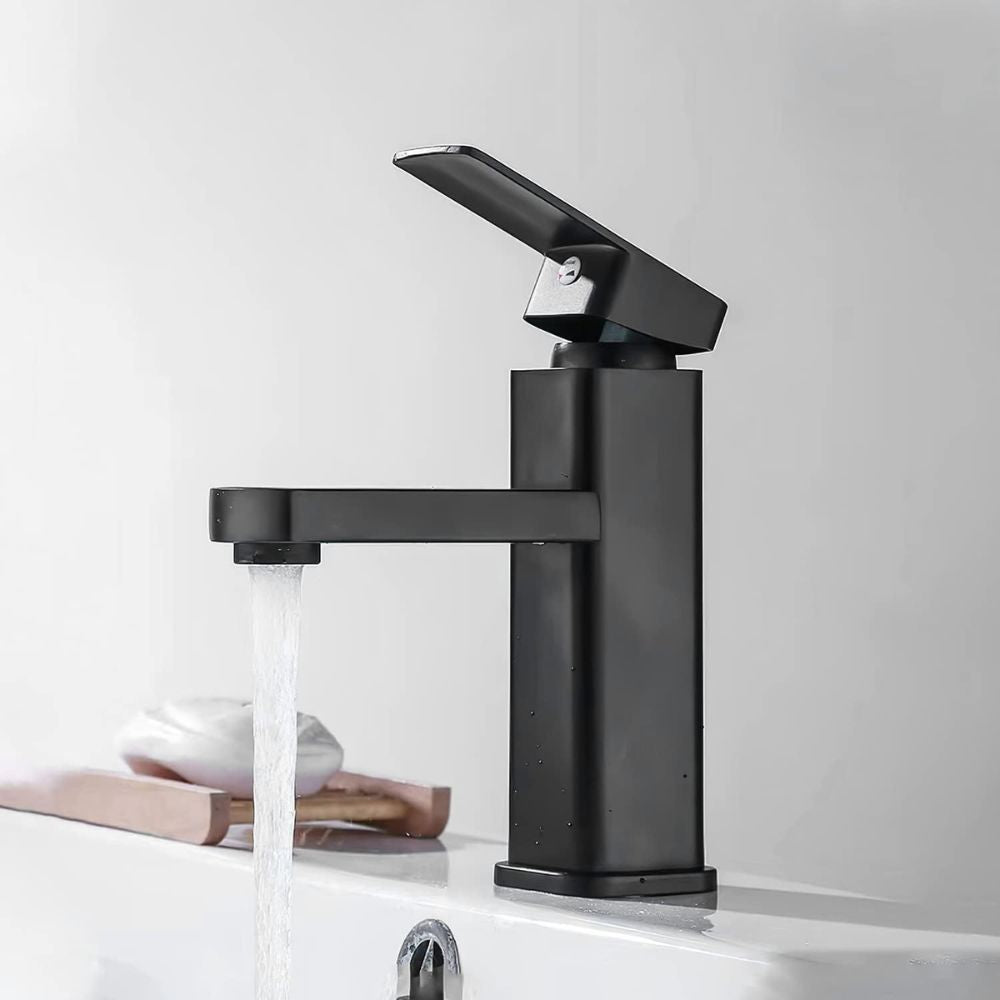 Solvex Basic Grifería Negra Cuadrada Monomando De Acero Inoxidable Para Lavamanos Mango De Zinc 17cm
