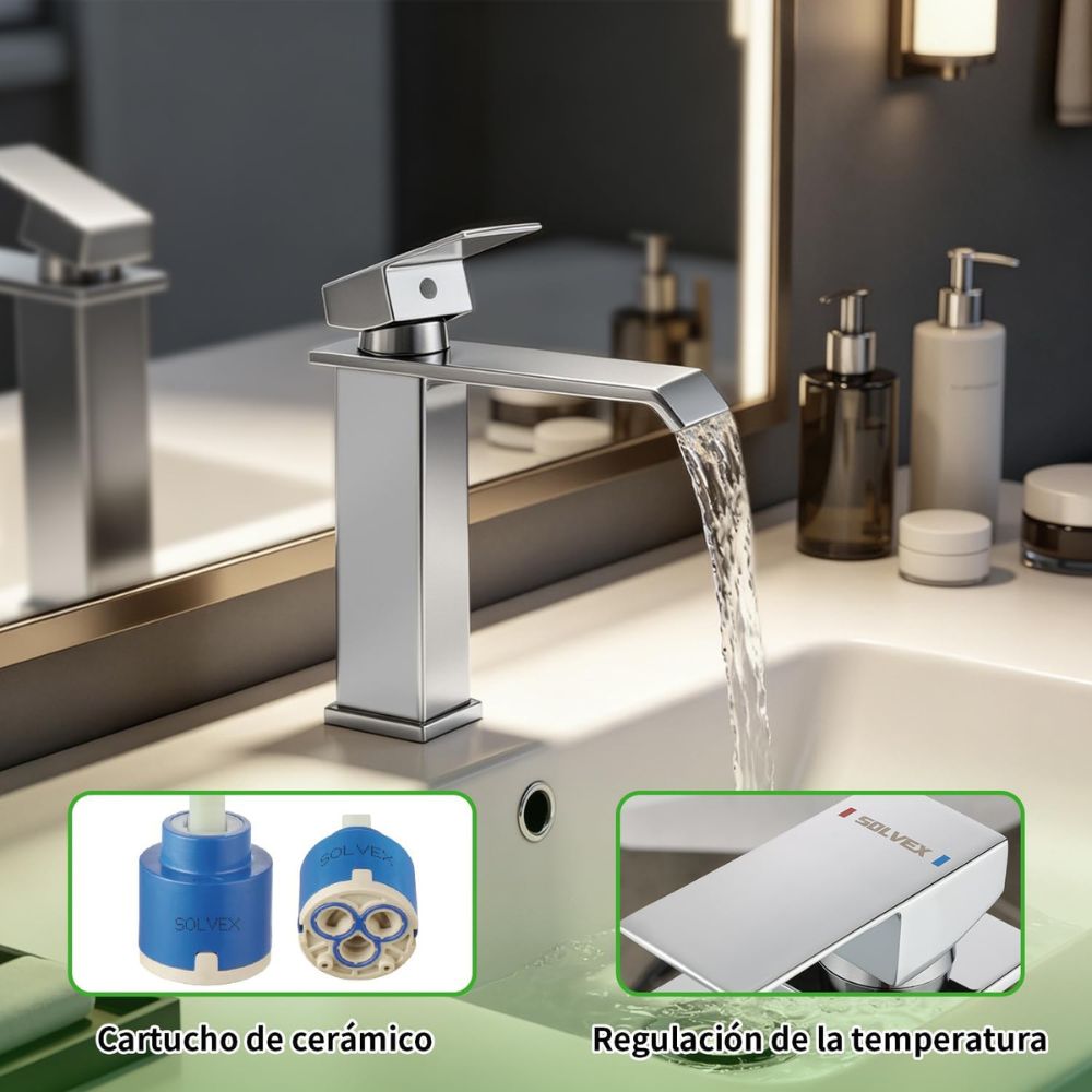 Solvex Smart Grifo Satinado Monomando Para Lavamanos Con Diseño Contemporáneo Y Líneas Rectas