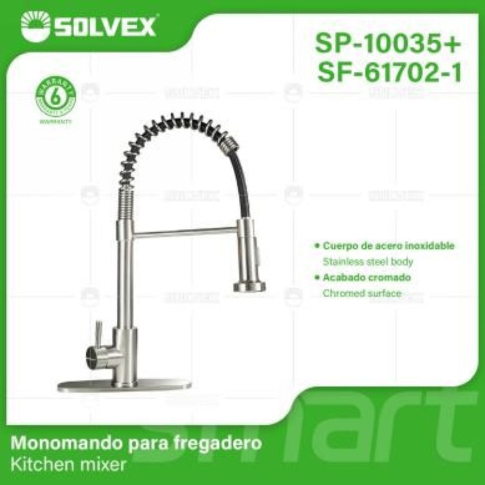 Solvex Smart Grifería Satinada Monomando Para Fregadero Con Rociador Extraible Doble Función Con Flange Acero Inoxidable de 10"