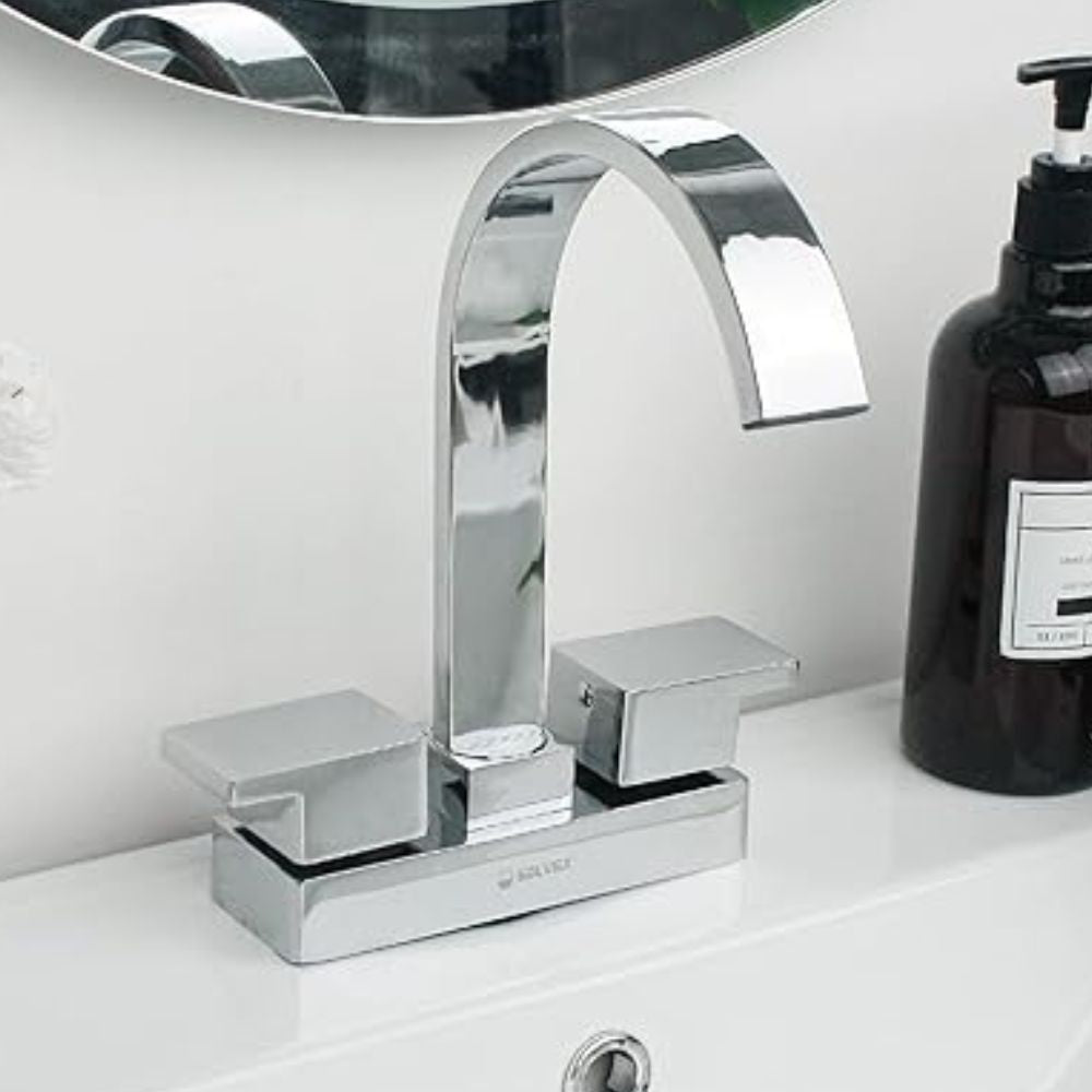 Solvex Grifo Cromado Para Lavamanos Caída En Cascada De Latón De 4" Manijas De Zinc De 1/4 De Vuelta