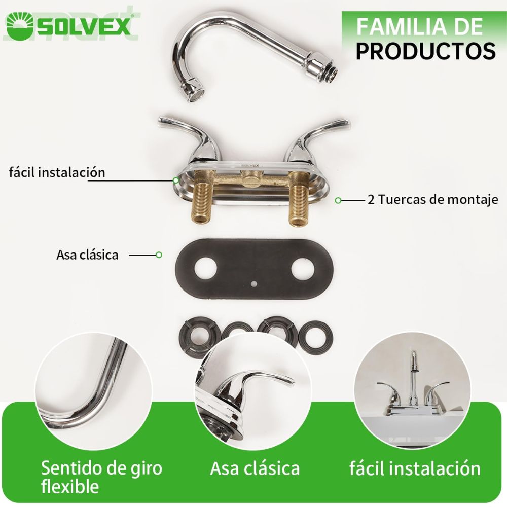 Solvex Grifo Cromado Para Lavamanos De Latón De 4" Manijas Cilíndricas 1/4 De Vuelta De Zinc
