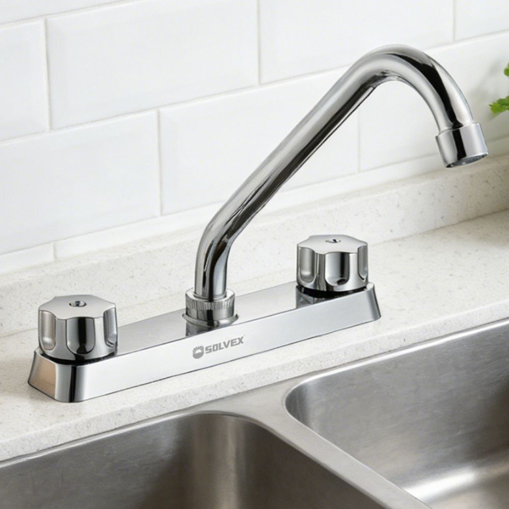 Solvex Smart Grifo Cromado Para Fregadero De Zinc Cuello Cuadrado De 8"  Manijas Ergonómicas Giro Completo De Plástico