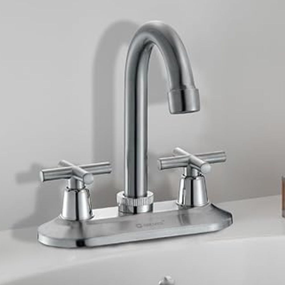 Solvex Smart Grifo Satinado Para Lavamanos Cuello Cisne De 4" Manillas Zinc De Giro Completo