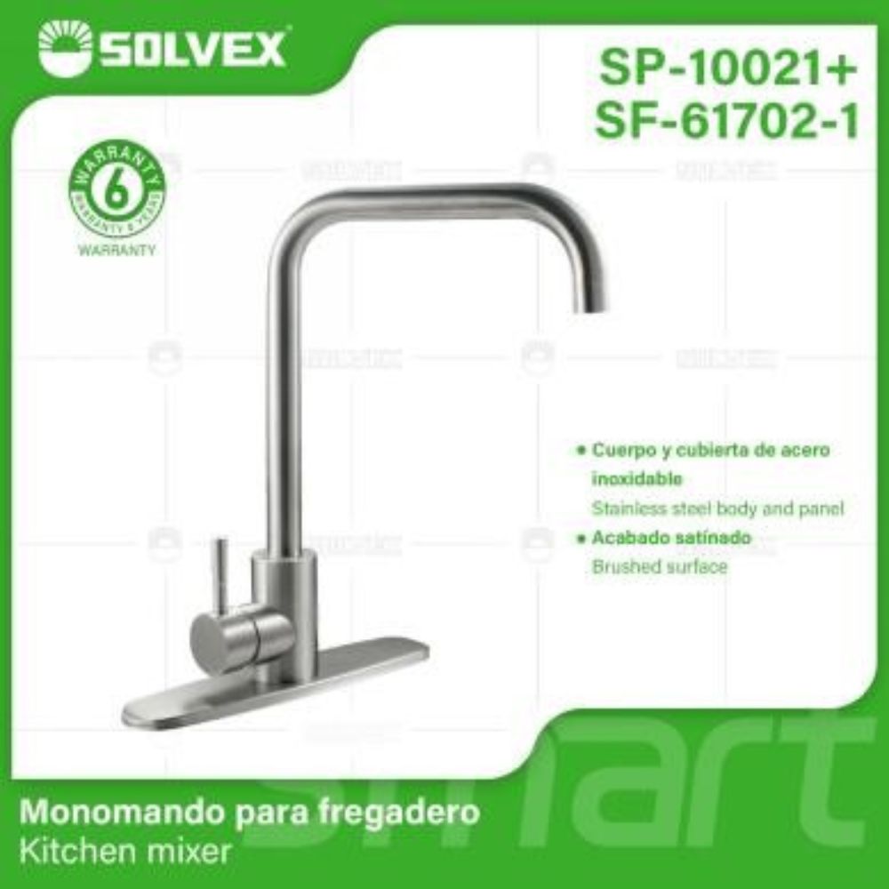 Solvex Smart Grifería Satinada Monomando Para Fregadero Cuello Cuadrado Con Flange Acero Inoxidable De 10" 28cm