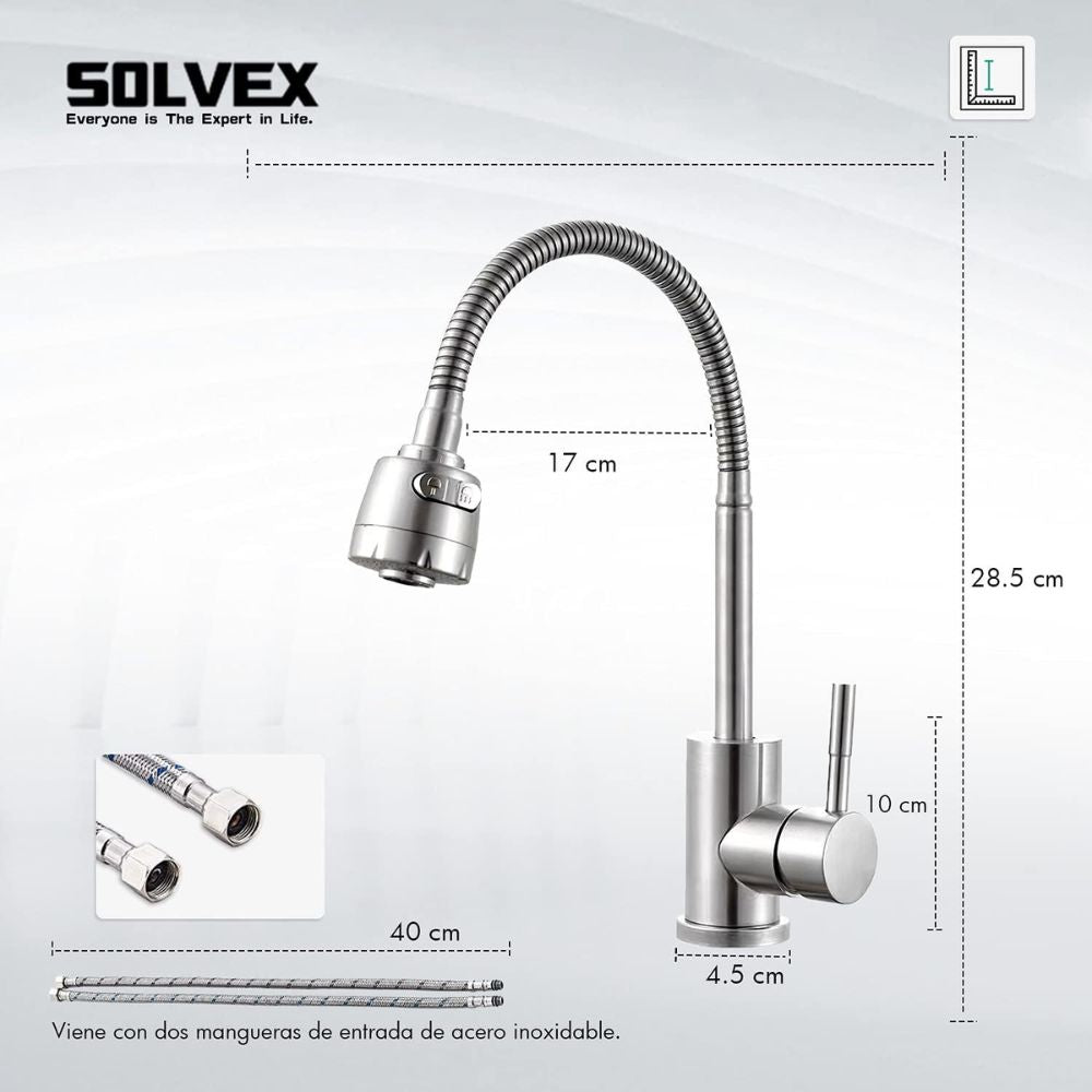 Solvex Smart Grifería Satinada Monomando Para Fregadero Cuello Flexible Con 2 Funciones