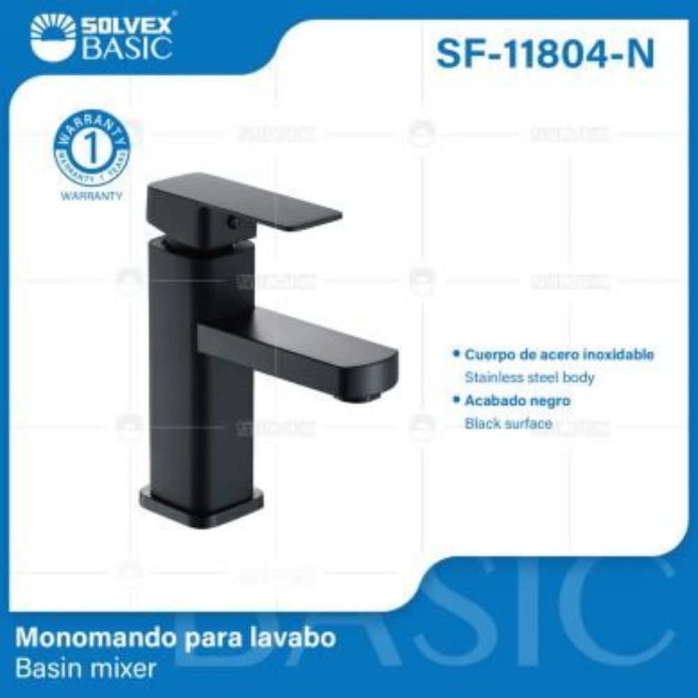 Solvex Basic Grifería Negra Cuadrada Monomando De Acero Inoxidable Para Lavamanos Mango De Zinc 17cm