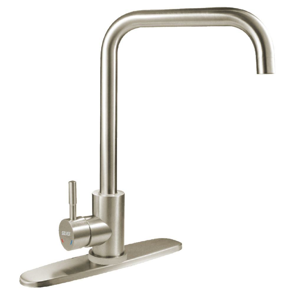 Solvex Smart Grifería Satinada Monomando Para Fregadero Cuello Cuadrado Con Flange Acero Inoxidable De 10" 28cm