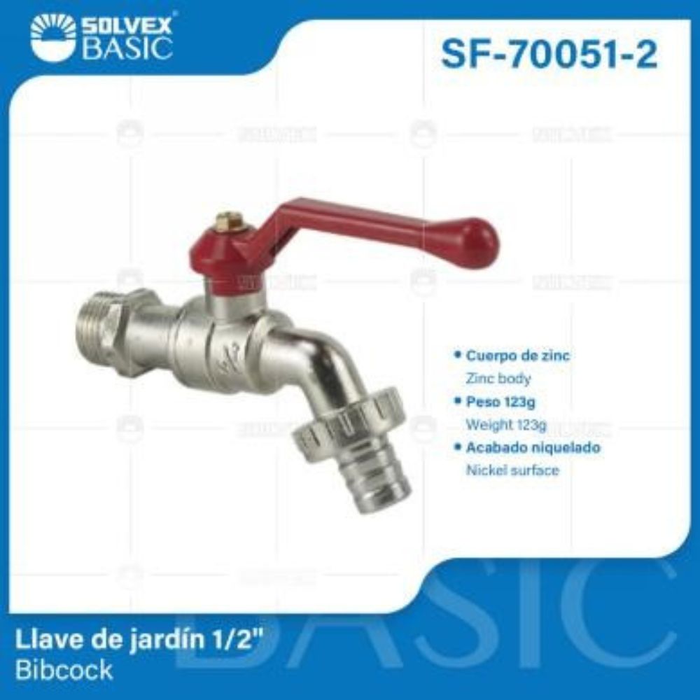 Solvex Basic Llave De Manguera De Zinc Niquelado Con Conector Rosca De Entrada 1/2" y Salida 3/4"