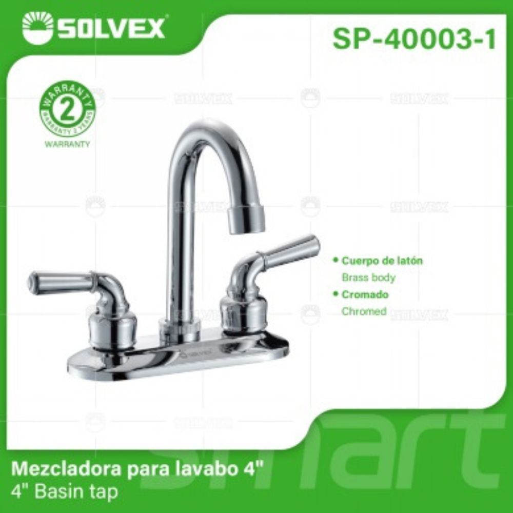 Solvex Smart Grifo Cromado Para Lavamanos Cuello Cisne De 4" Manillas Zinc De 1/4 De Vuelta