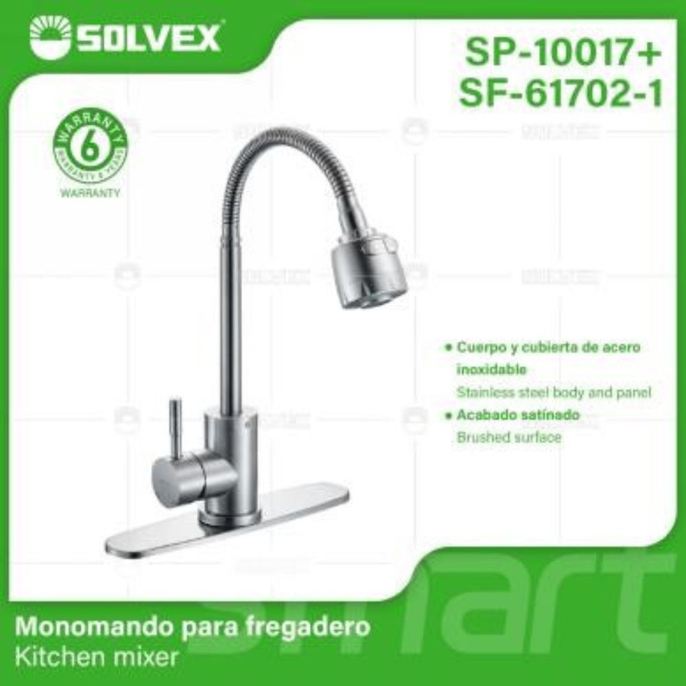 Solvex Smart Grifería Satinada Monomando Para Fregadero Con Flange Acero Inoxidable De 10" Y Cuello Flexible 2 Funciones