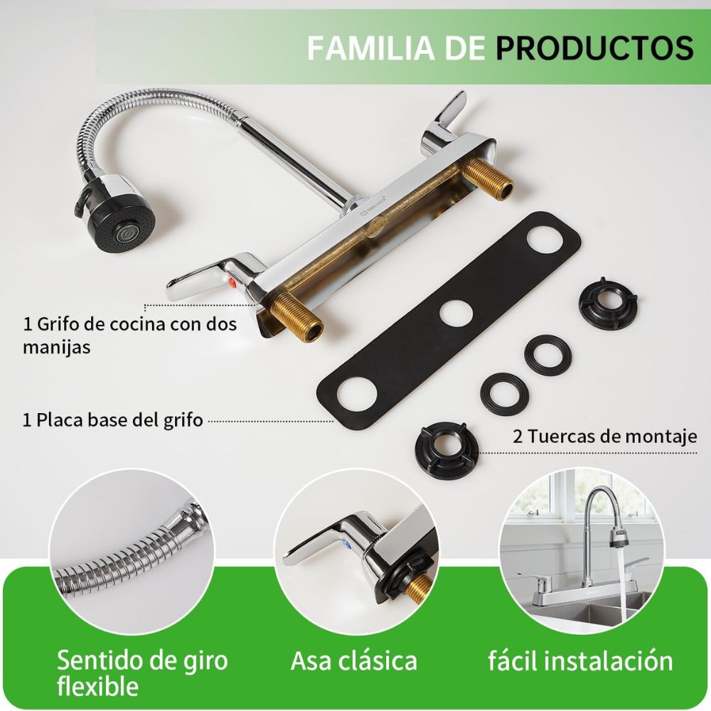 Solvex Grifo Cromado Para Fregadero De Latón De 8" Cuello Flexible 2 Funciones Manijas Estilo Palanca 1/4 De Vuelta De Zinc