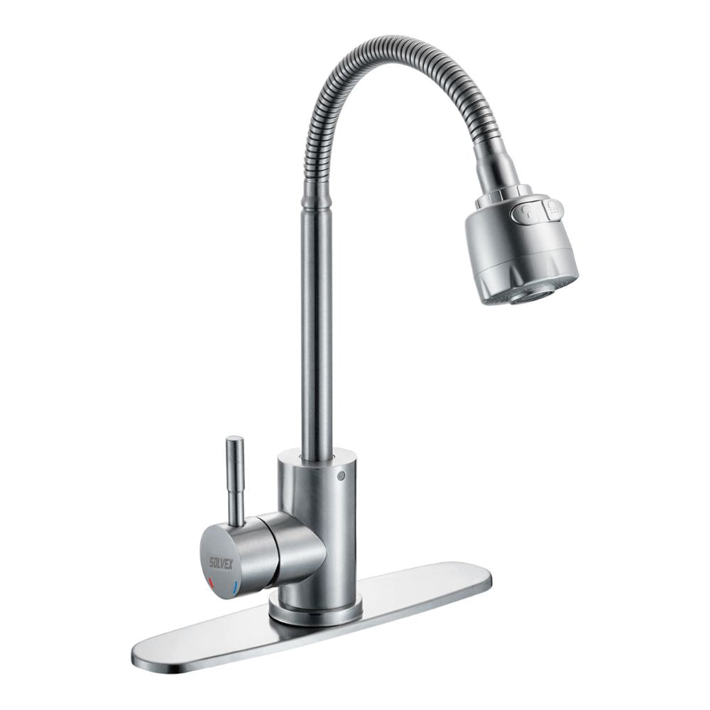 Solvex Smart Grifería Satinada Monomando Para Fregadero Con Flange Acero Inoxidable De 10" Y Cuello Flexible 2 Funciones