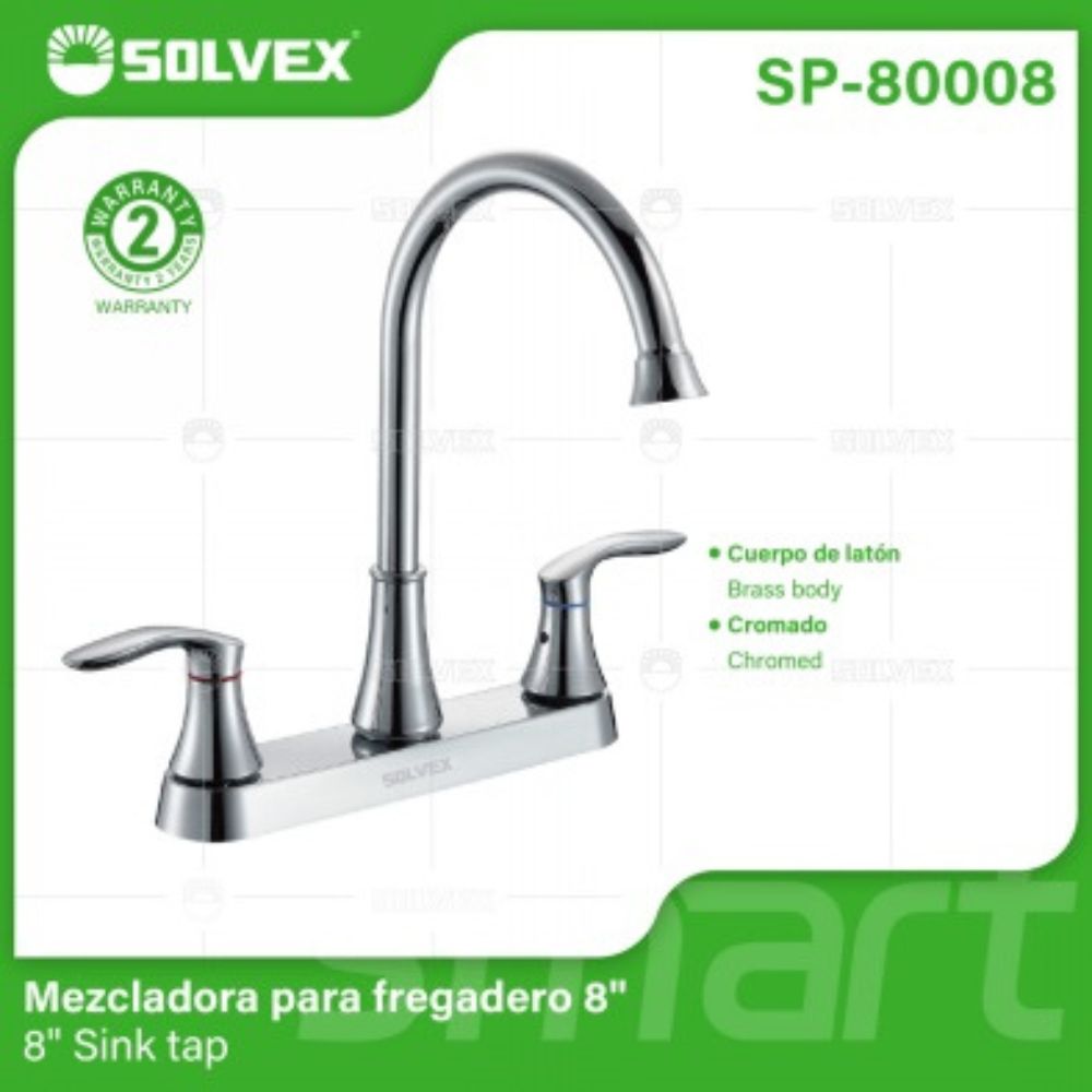 Solvex Smart Grifo Cromado Para Fregadero De Latón De 8" Manijas Aerodinámicas 1/4 De Vuelta De Plástico