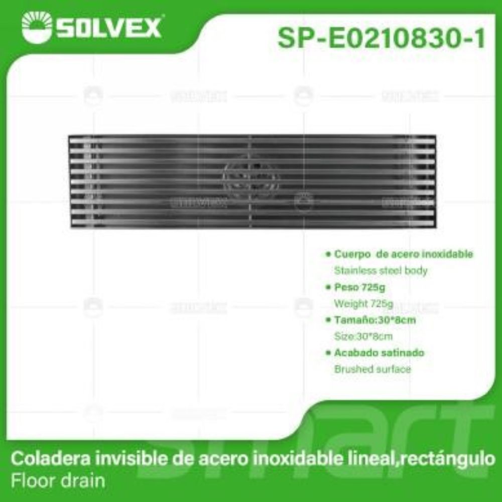 Solvex Smart Desagüe Satinado Para Piso En Acero Inoxidable Antiolor Rectangular De 8x30cm