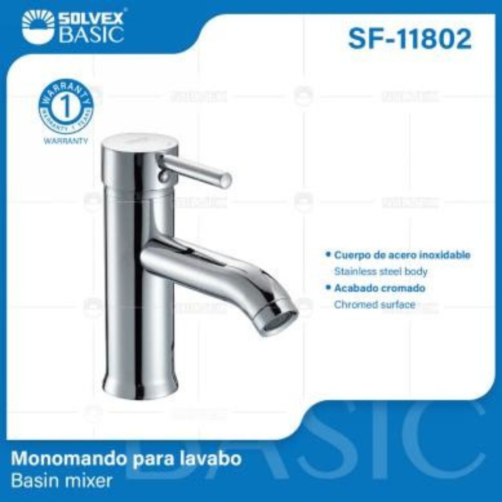 Solvex Basic Grifería Cromada Monomando De Acero Inoxidable Para Lavamanos Mango Tipo Palanca De Zinc 17cm