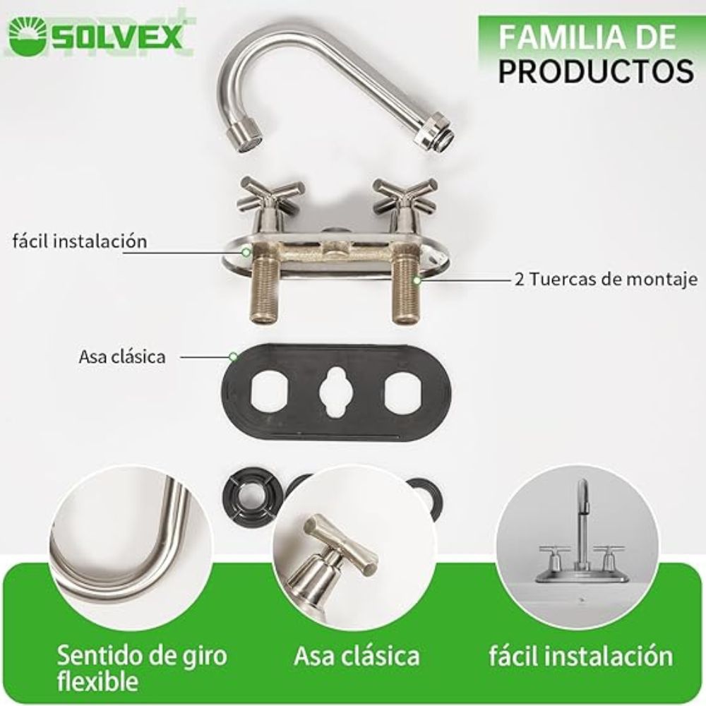 Solvex Smart Grifo Satinado Para Lavamanos Cuello Cisne De 4" Manillas Zinc De Giro Completo